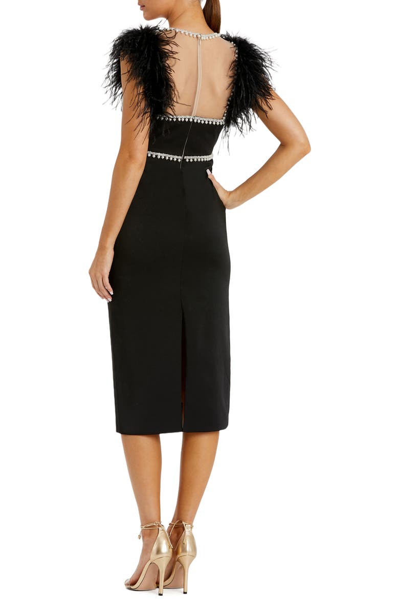 Mac Duggal Feather Cap Sleeve Pearl Embellished Midi Dress, Alternate, color, Black