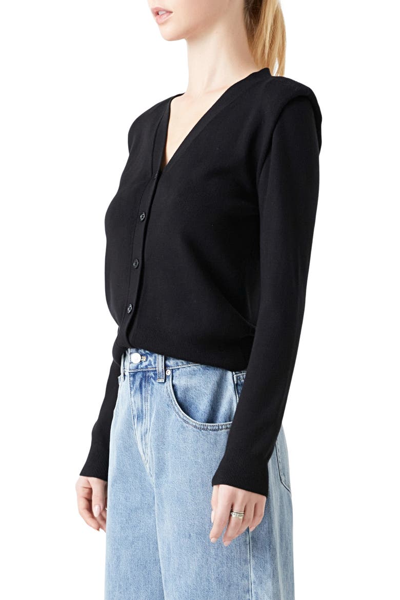 Padded Shoulder V-Neck Cardigan, Alternate, color, BLACK