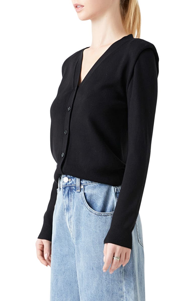 Grey Lab Padded Shoulder V-Neck Cardigan, Alternate, color, Black