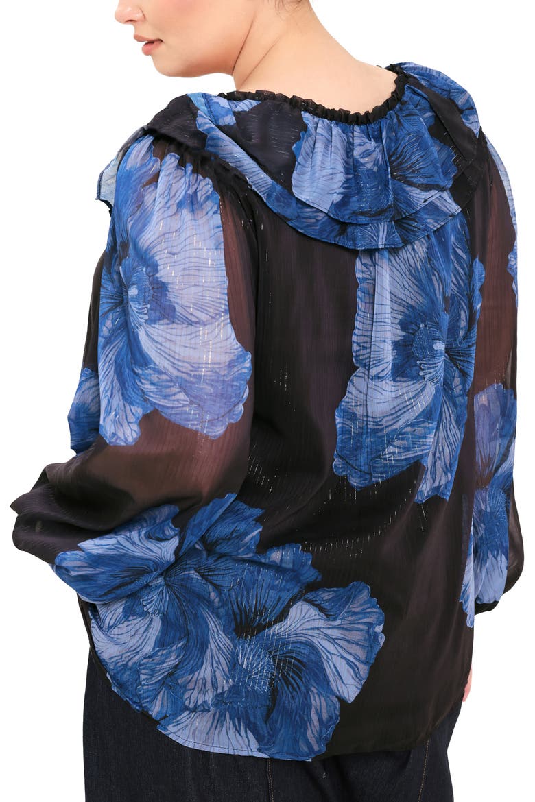 Ruffle Floral Print Balloon Sleeve Top, Alternate, color, BLACK / BLUE