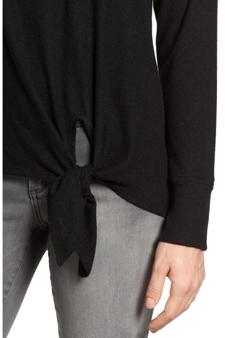 Gibson Tie Front Cozy Fleece Pullover, Alternate, color, BLACK