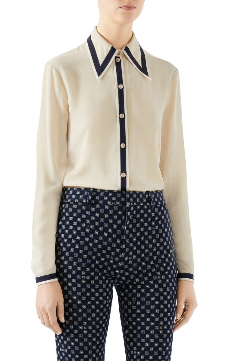 Gucci Grosgrain Trim Silk Crêpe de Chine Shirt, Alternate, color, 