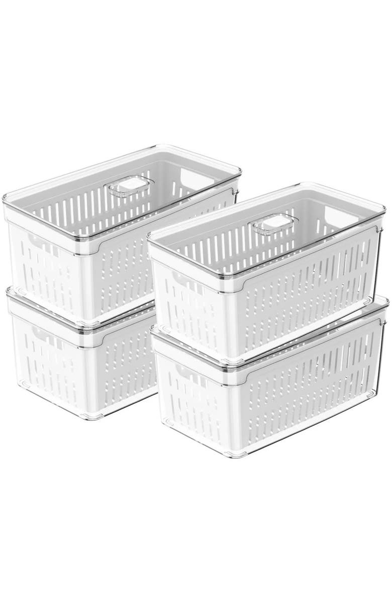 OU Clear Stackable Fridge Organizer Bin with Drain Basket and Vented Lid, 4 Pack, Main, color, Clear With White Drainer