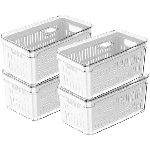 Clear Stackable Fridge Organizer Bin with Drain Basket and Vented Lid, 4 Pack