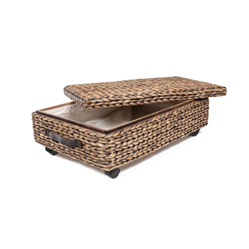 Happimess Chett Minimalist Hand-woven Hyacinth/wood Underbed Storage Bin With Wheels And Handles In Brown Wash