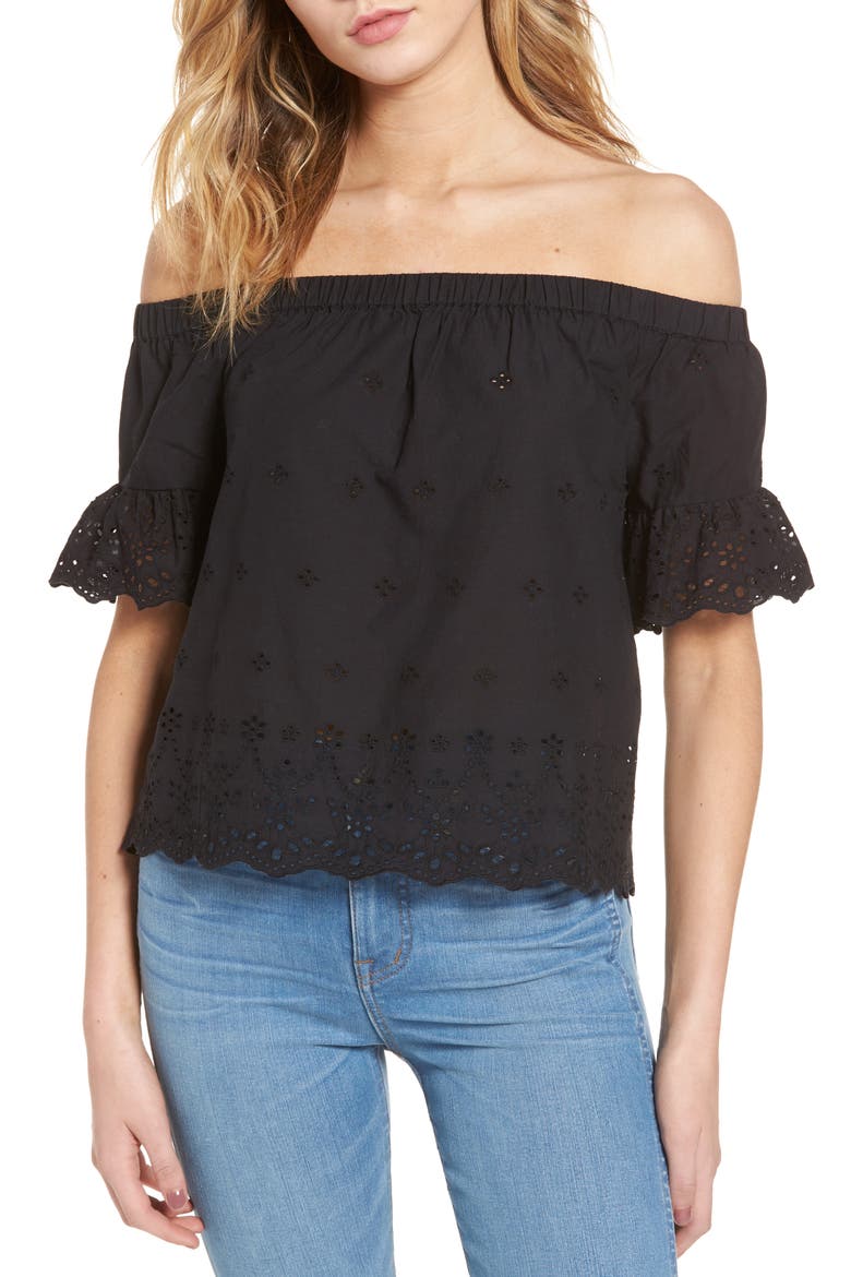 Off the Shoulder Eyelet Top, Main, color, TRUE BLACK