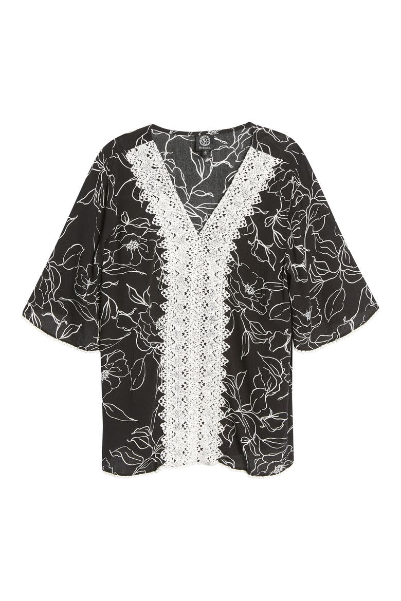 Lace Trim Floral Woven Blouse, Alternate, color, BLACK STENCIL