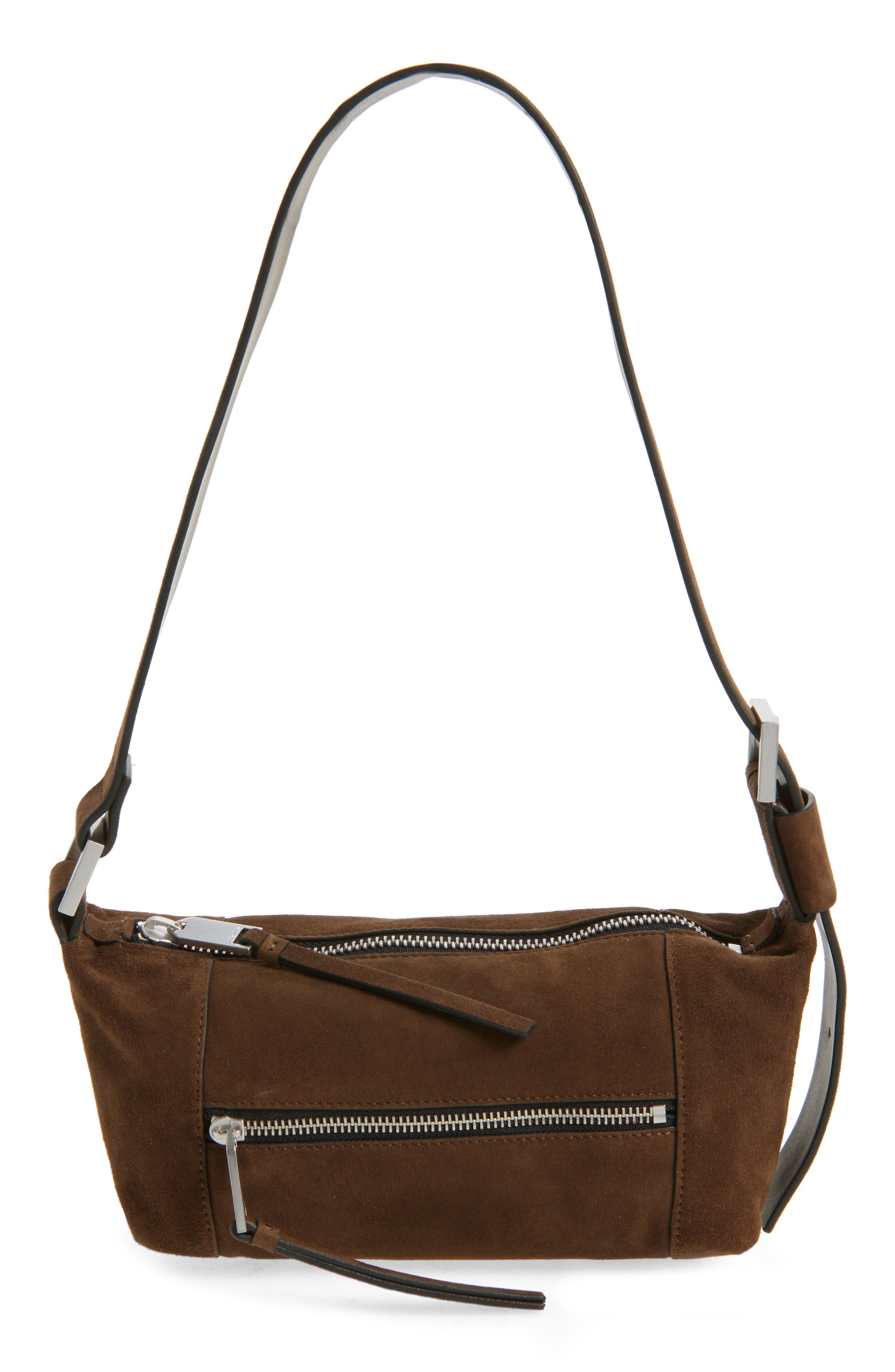 AllSaints Mini Vega Suede Shoulder Bag, Main, color, Fango Brown