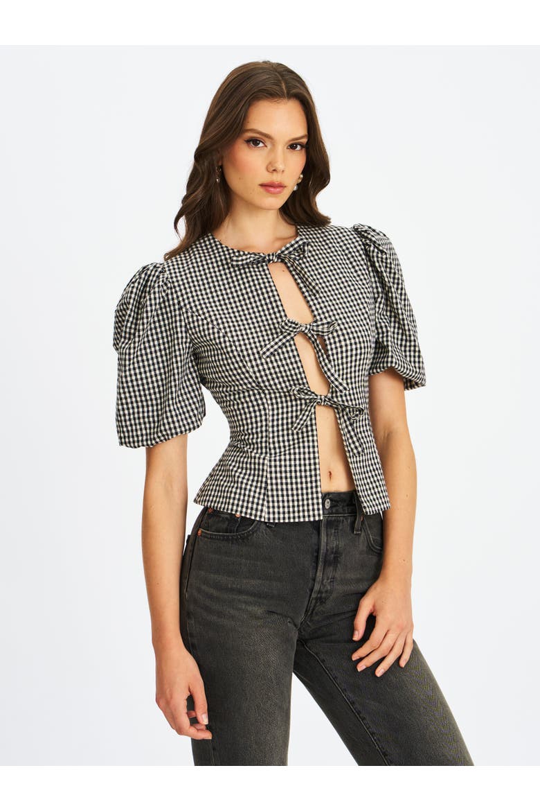Qusayla Bow Tie Front Gingham Puff Sleeve Top, Alternate, color, Black