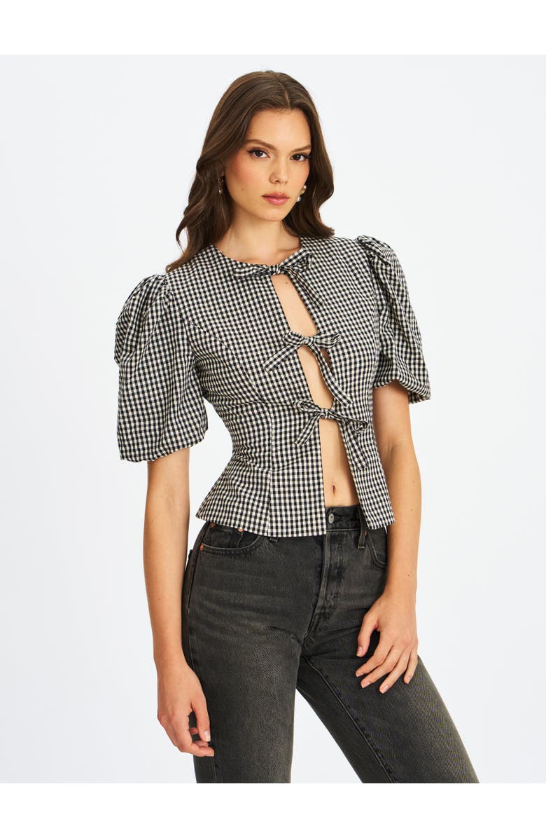 Miss Circle Qusayla Bow Tie Front Gingham Puff Sleeve Top, Alternate, color, Black