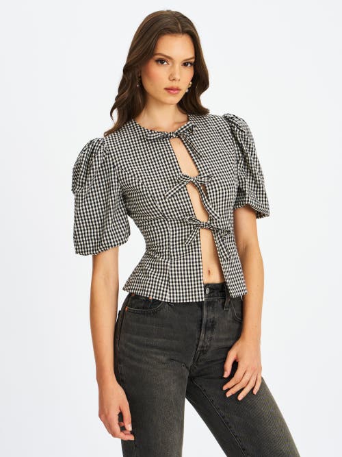 Miss Circle Qusayla Bow Tie Front Gingham Puff Sleeve Top In Animal Print