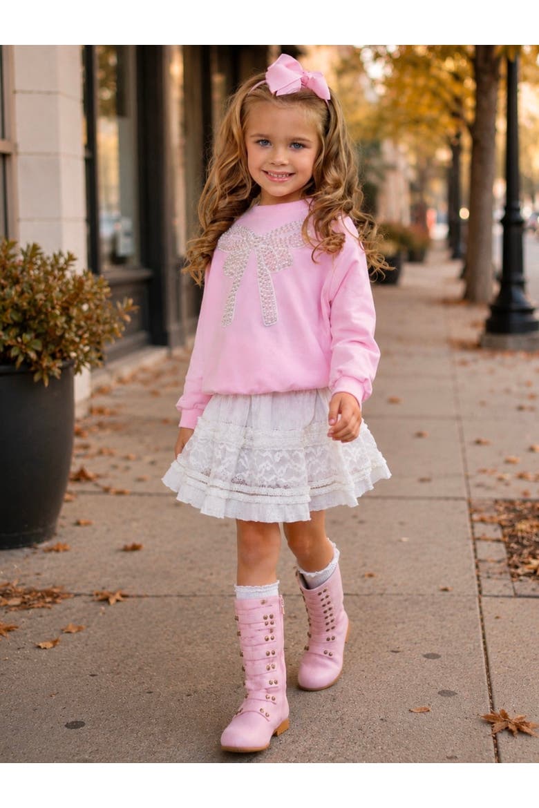 Pretty in Pink Pearl Bow Top and Lace Skirt Set, Alternate, color, Pink
