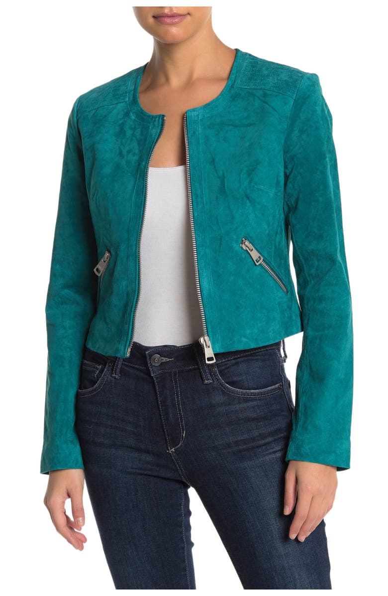 Bagatelle Collarless Suede Fitted Jacket, Main, color,