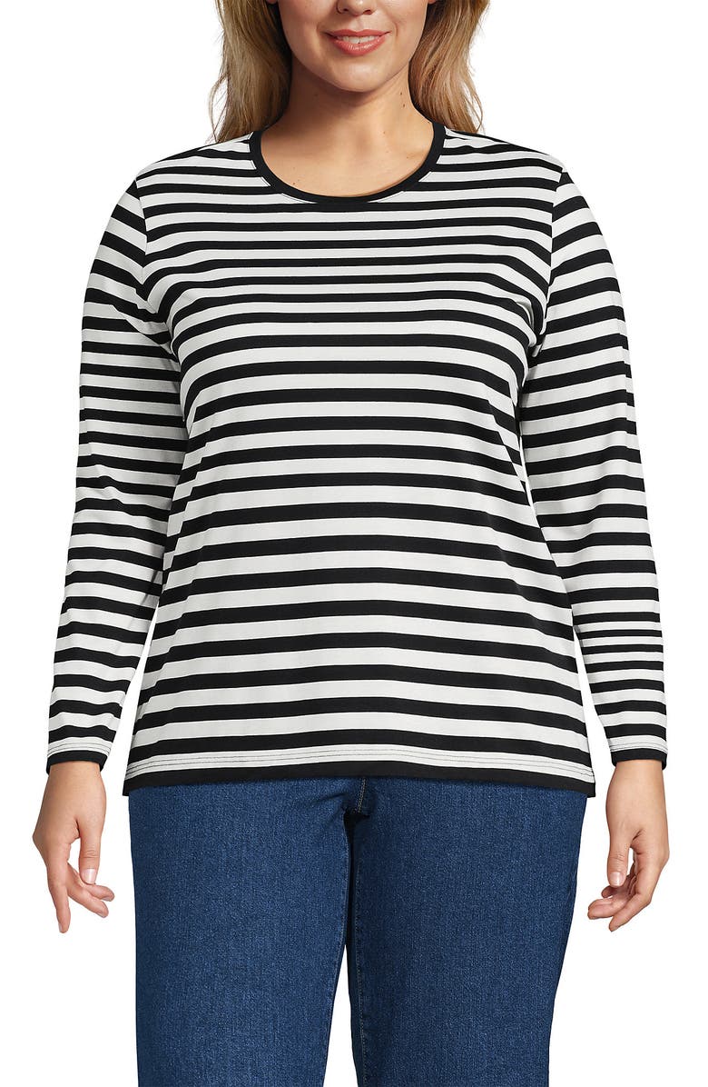Lands' End Relaxed Supima Cotton Long Sleeve Crew Neck T-Shirt, Main, color, Black Even Stripe