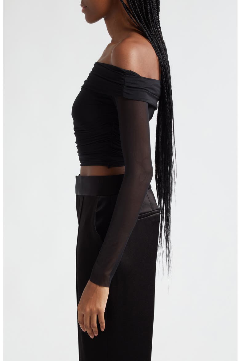 Isadola Ruched Off the Shoulder Mesh Crop Top, Alternate, color, BLACK