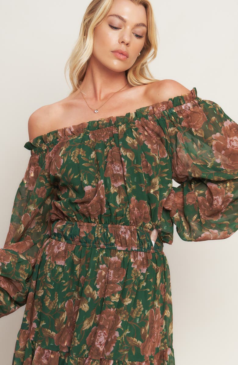 FLYING TOMATO Floral Off-the-Shoulder Maxi Dress, Alternate, color, Green