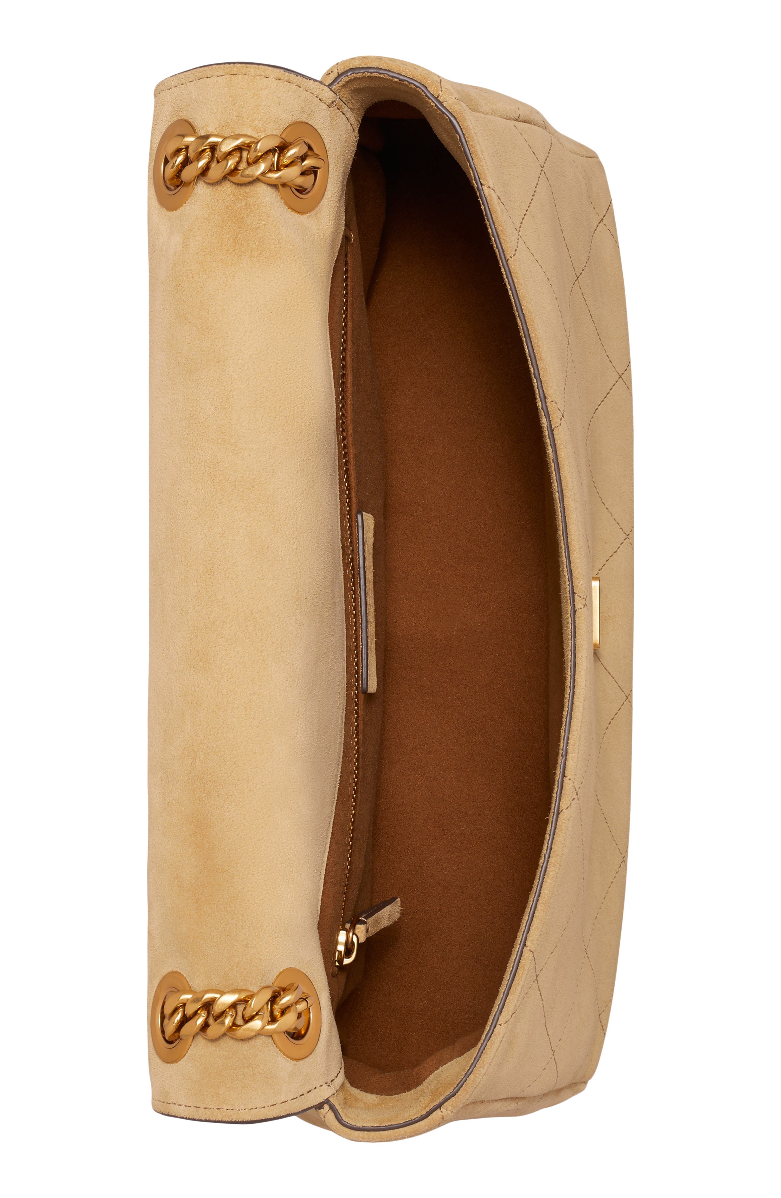 Tory Burch Charlie Quilted Suede Shoulder Bag, Alternate, color, Stone