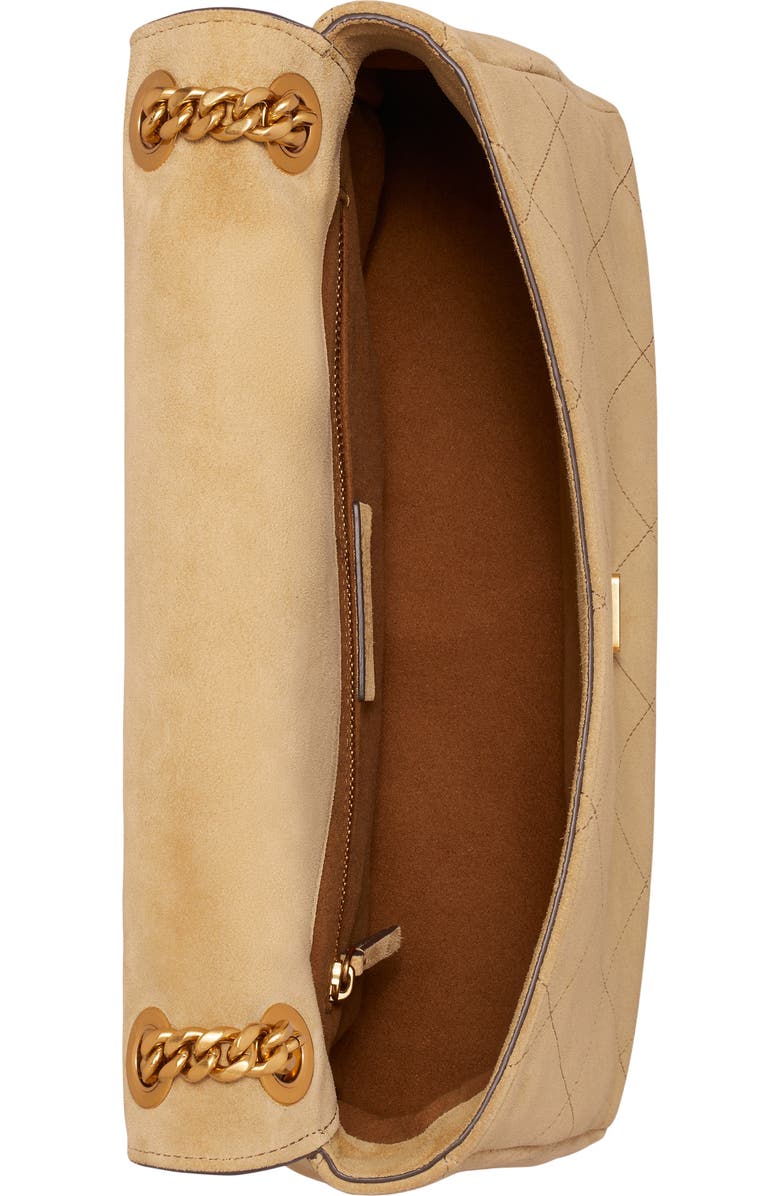 Tory Burch Charlie Quilted Suede Shoulder Bag, Alternate, color, Stone