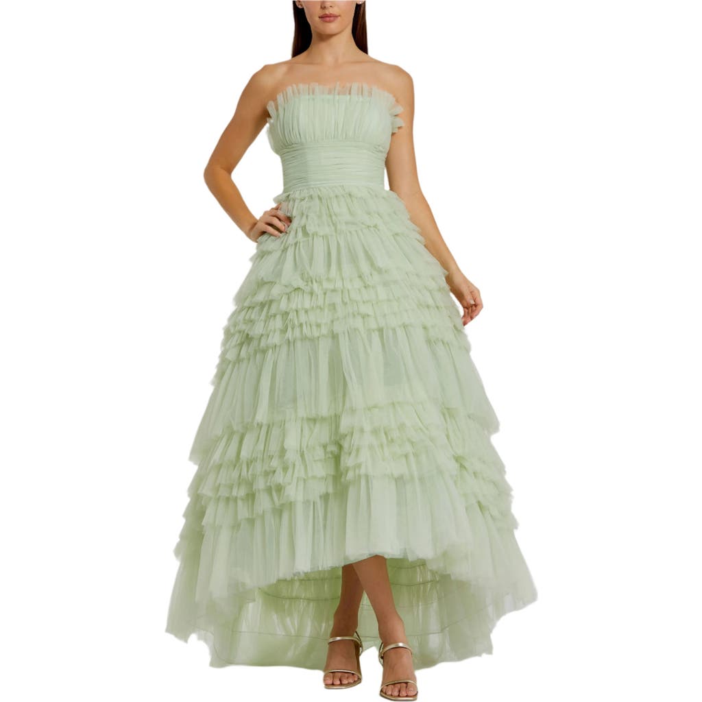Mac Duggal Strapless Tulle Ruffle Gown In Sage