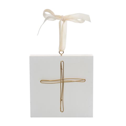 Off-White Wooden Christmas Cross Block Ornament Indoor Decor