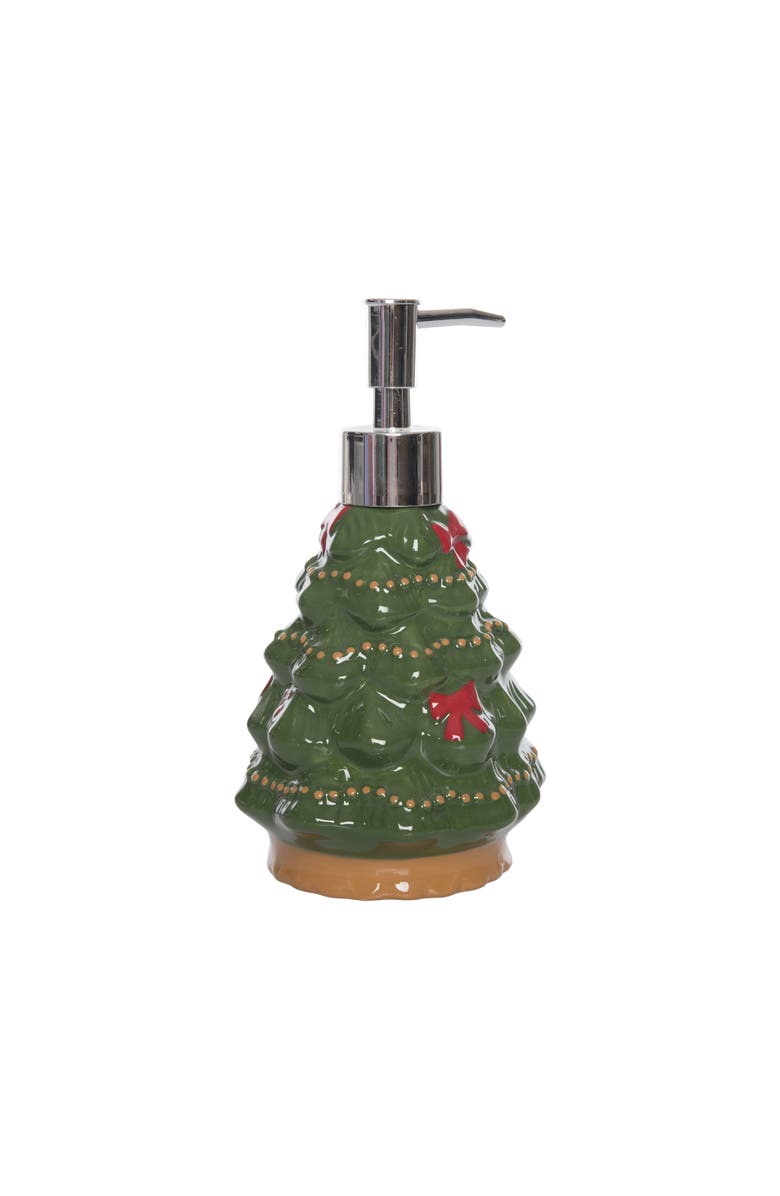 Transpac Dolomite Bow Tree Soap Dispenser Ceramic Christmas Decor, Alternate, color, Green