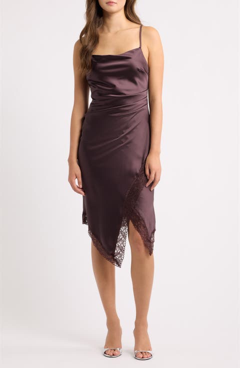 Lace Trim Satin Asymmetric Slipdress