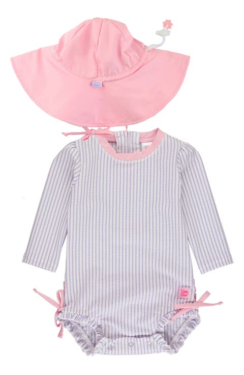 Seersucker Long Sleeve One-Piece Rashguard Swimsuit & Hat Set (Baby)