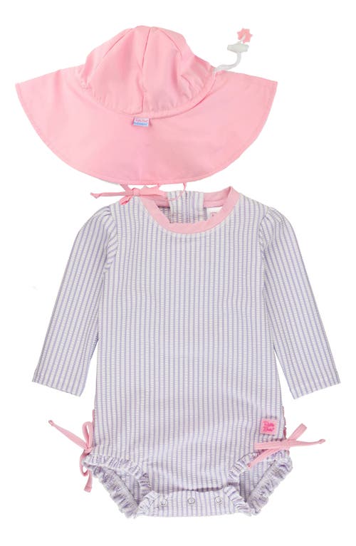 Rufflebutts Seersucker Long Sleeve One-piece Rashguard Swimsuit & Hat Set In Purple