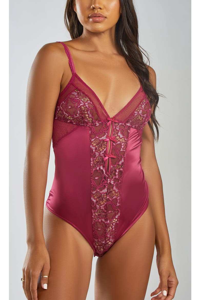 Two-Toned Lace & Satin Bodysuit, Main, color, Wine