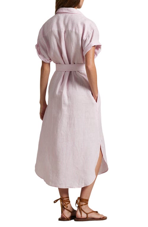 Polo Ralph Lauren Belted Linen Shirtdress In White/pink