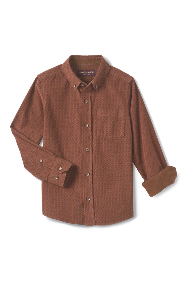 Kids' Geo Print Corduroy Button-Down Shirt, Main, color, RUST