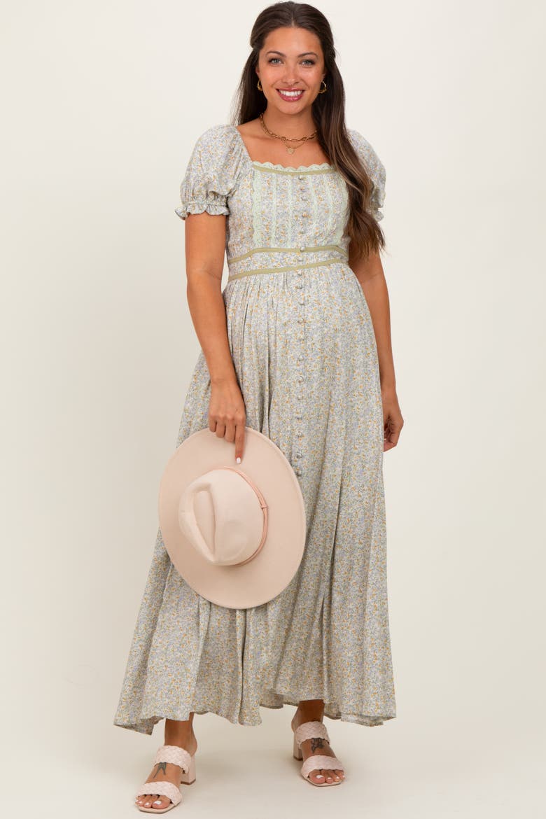 Floral Lace Trim Maxi Dress, Main, color, Light Olive