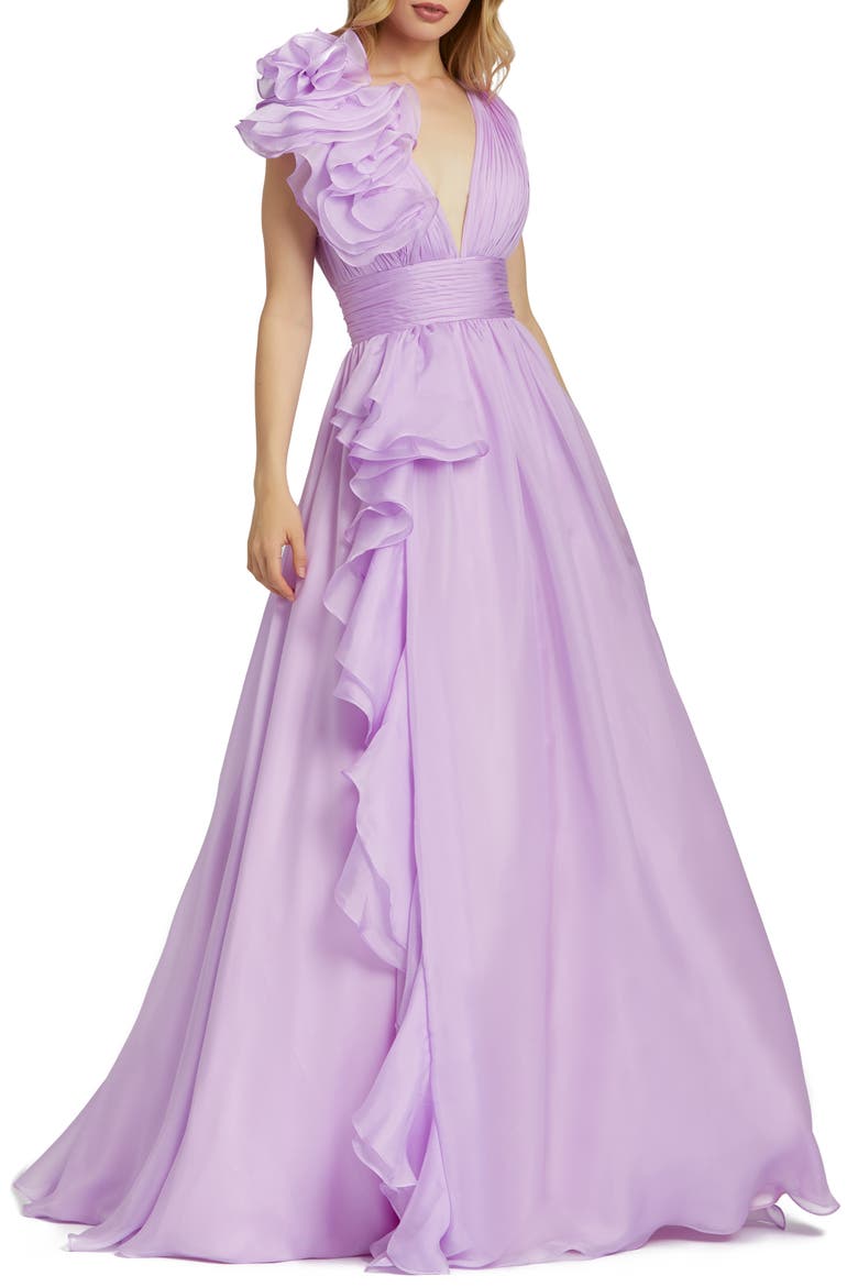 Ruffle Detail Ruched Chiffon Ballgown, Main, color, ORCHID