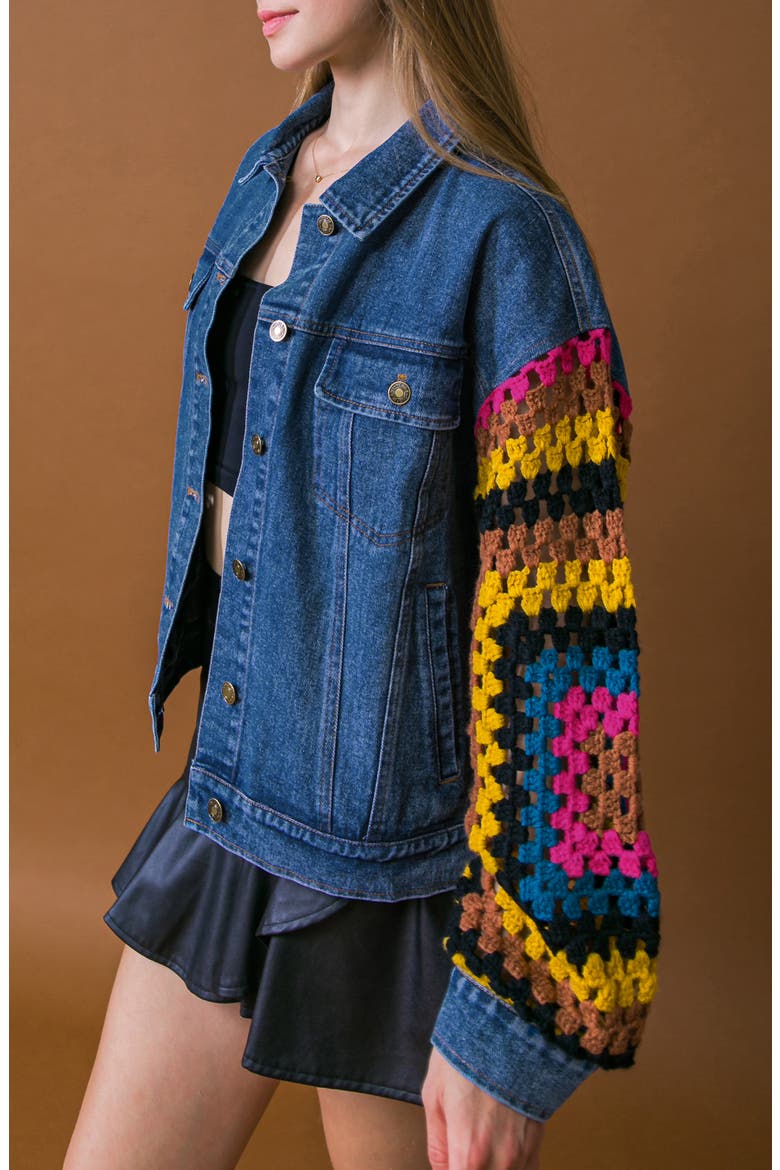 Crochet Trim Denim Jacket, Alternate, color, MEDIUM INDIGO