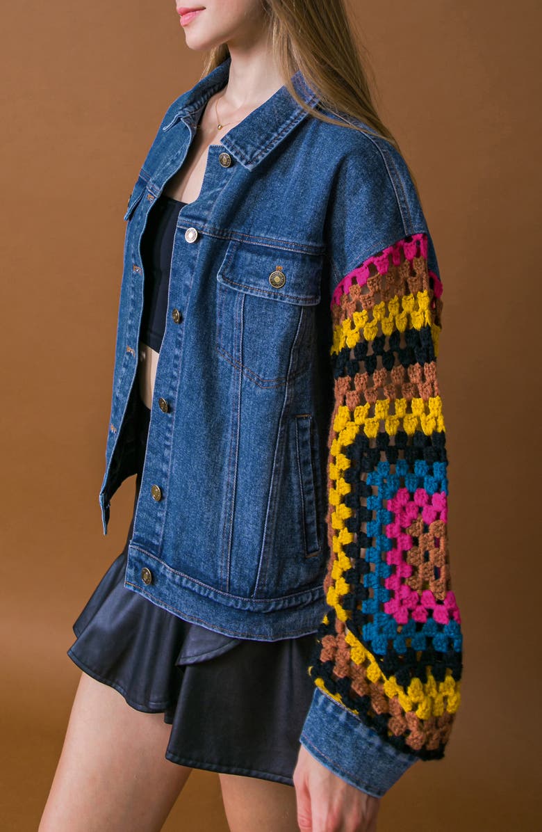 FLYING TOMATO Crochet Trim Denim Jacket, Alternate, color, Medium Indigo