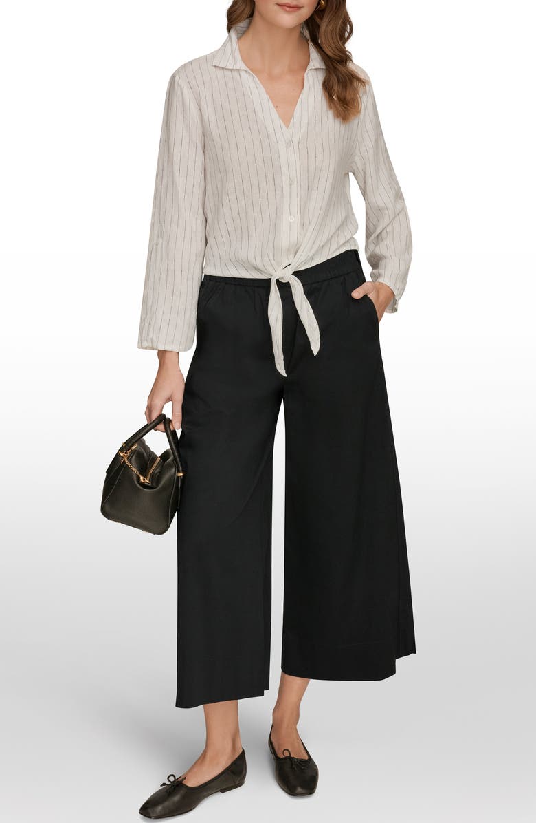 Donna Karan New York Yarn Dye Stripe Crop Linen Blend Button-Up Shirt, Alternate, color, Cream/ Black