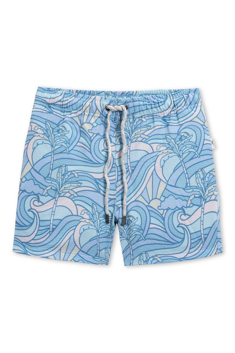 Kids' Palm Print Seersucker Volley Swim Trunks, Main, color, BLUE
