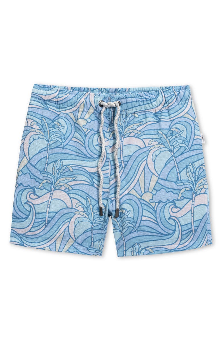 Vintage Summer Kids' Palm Print Seersucker Volley Swim Trunks, Main, color, Blue