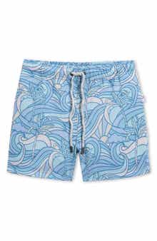Vintage Summer Kids' Palm Print Seersucker Volley Swim Trunks