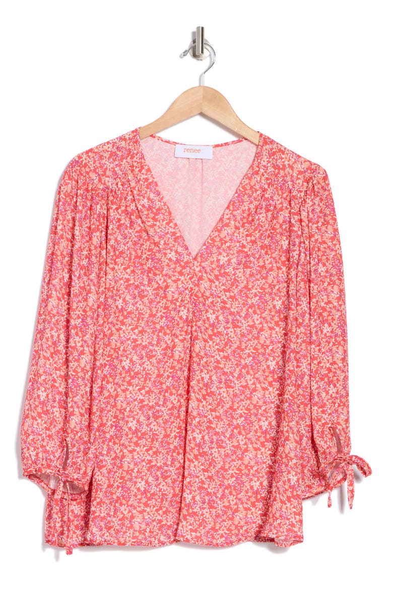 Ditsy Floral V-Neck Long Sleeve Top, Alternate, color, RED