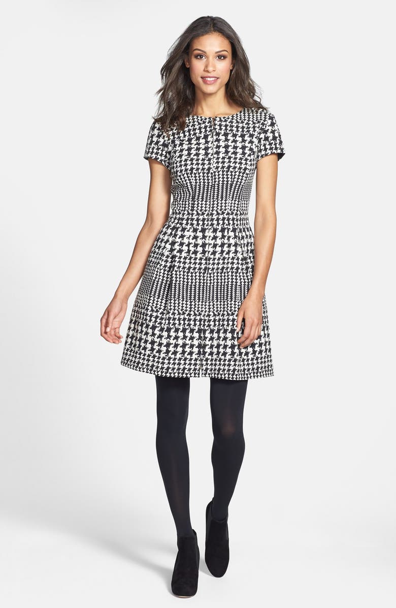 Eliza J Front Zip Houndstooth Jacquard Fit & Flare Dress, Alternate, color, 