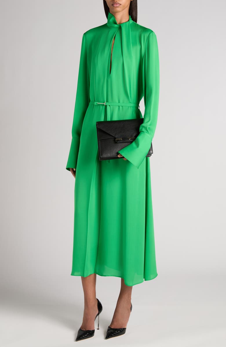 TOM FORD Belted Long Sleeve Silk Georgette Midi Dress, Alternate, color, Green Clover