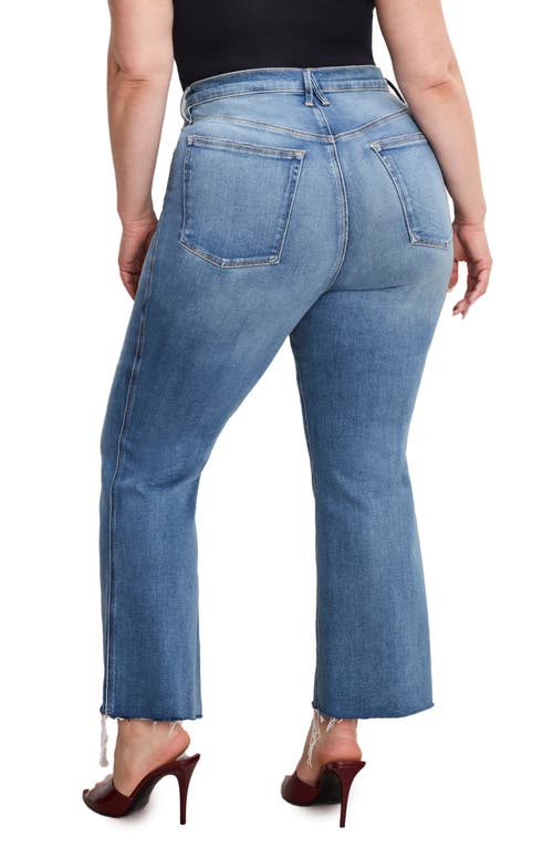 Good American Soft-tech Good Flare Raw Hem High Waist Ankle Flare Jeans In Blue