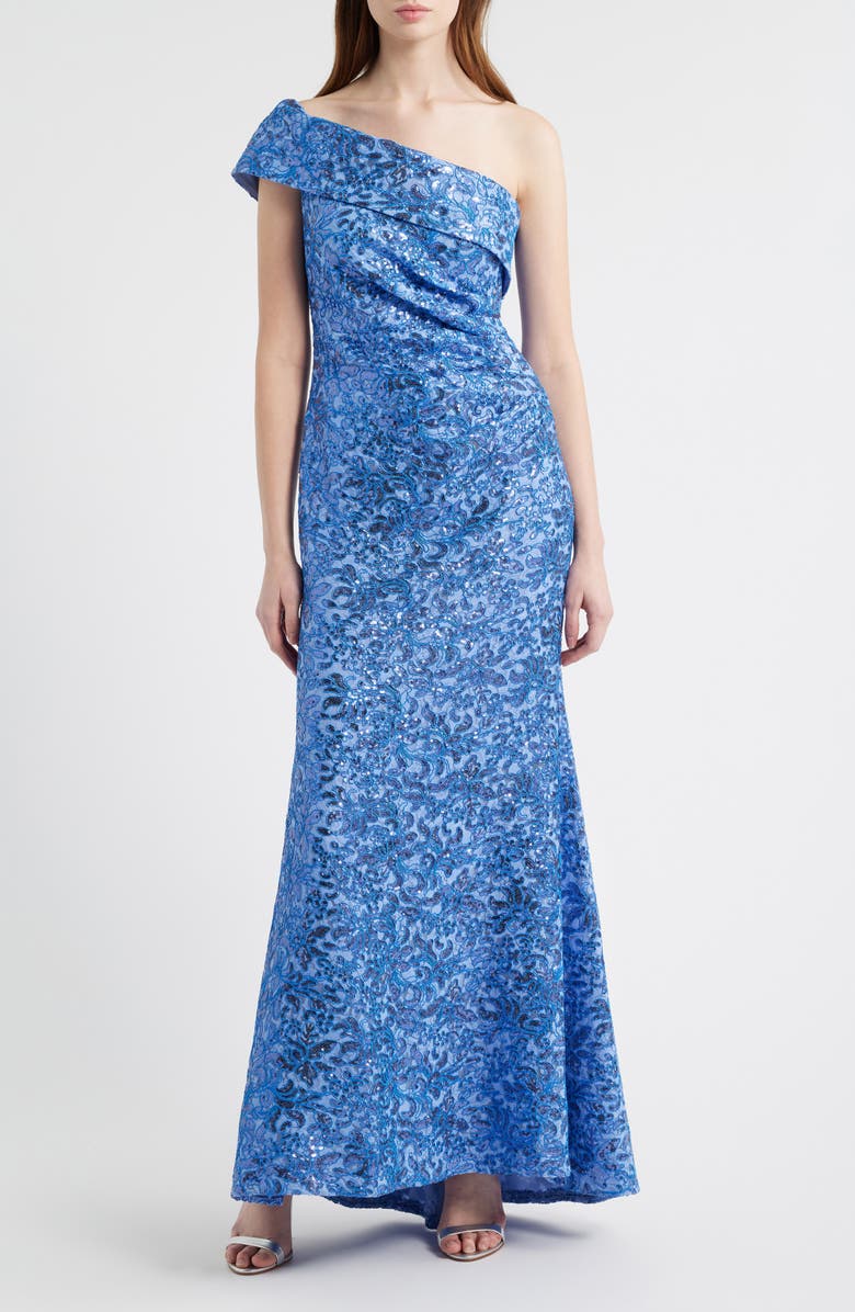 Eliza J Rhinestone One-Shoulder Mermaid Gown, Main, color, Lake