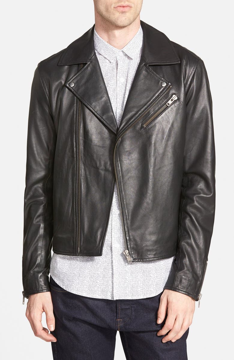 Topman Black Leather Biker Jacket, Main, color, 