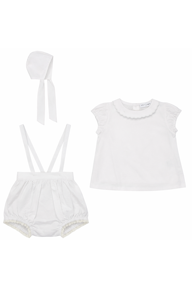 Woven Scalloped Lace Top and Adjustable Overall Shorts, Main, color, White