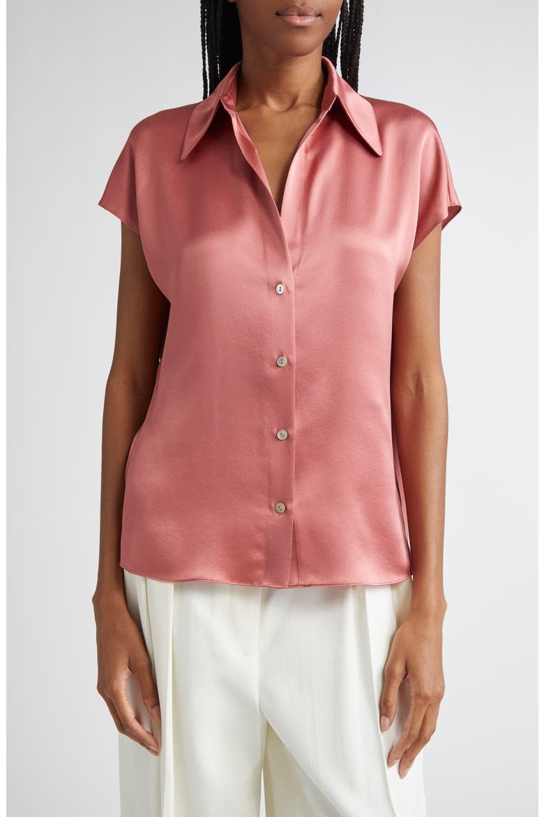 Cap Sleeve Gathered Back Short Sleeve Silk Button-Up Shirt, Main, color, PEONY WOOD