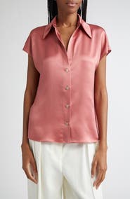 Vince Cap Sleeve Gathered Back Short Sleeve Silk Button-Up Shirt