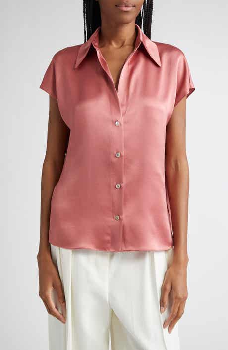 Vince Cap Sleeve Gathered Back Short Sleeve Silk Button-Up Shirt
