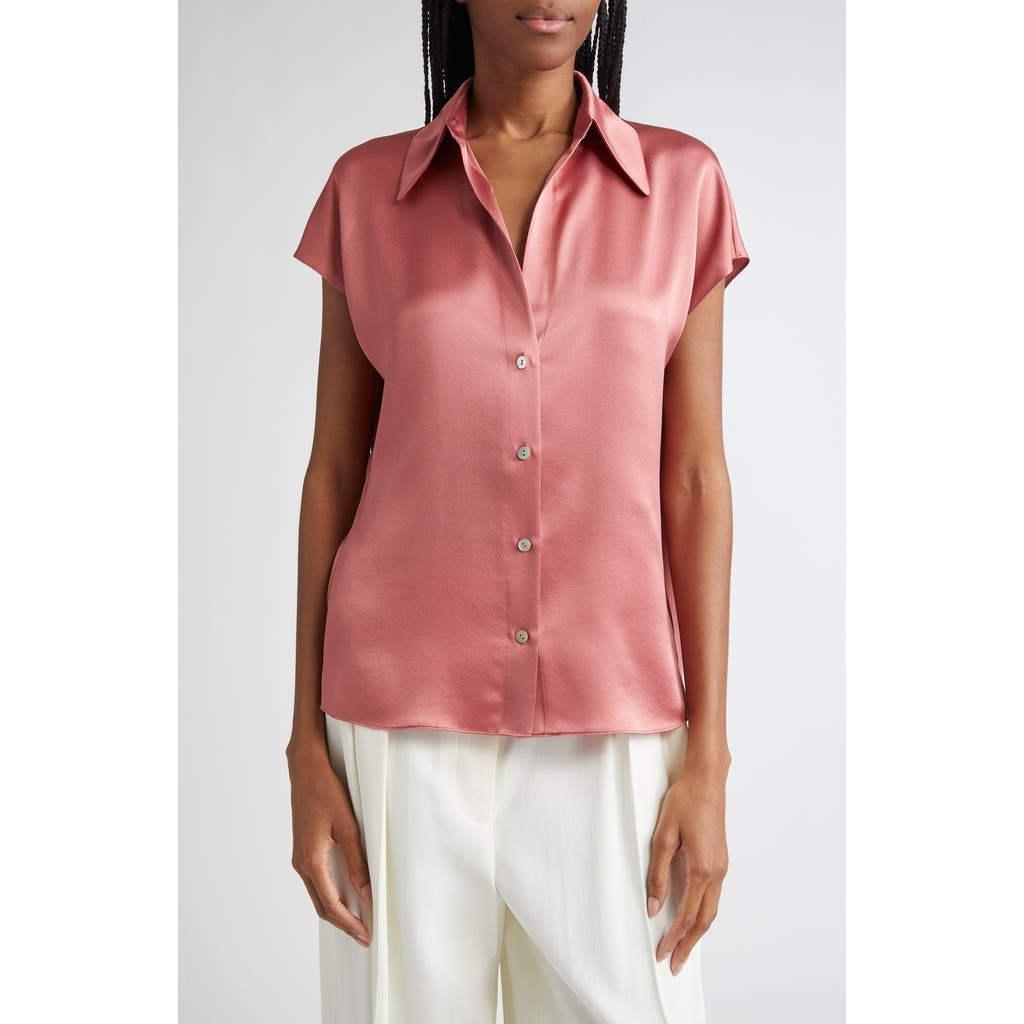 Vince Cap Sleeve Gathered Back Short Sleeve Silk Button-up Shirt